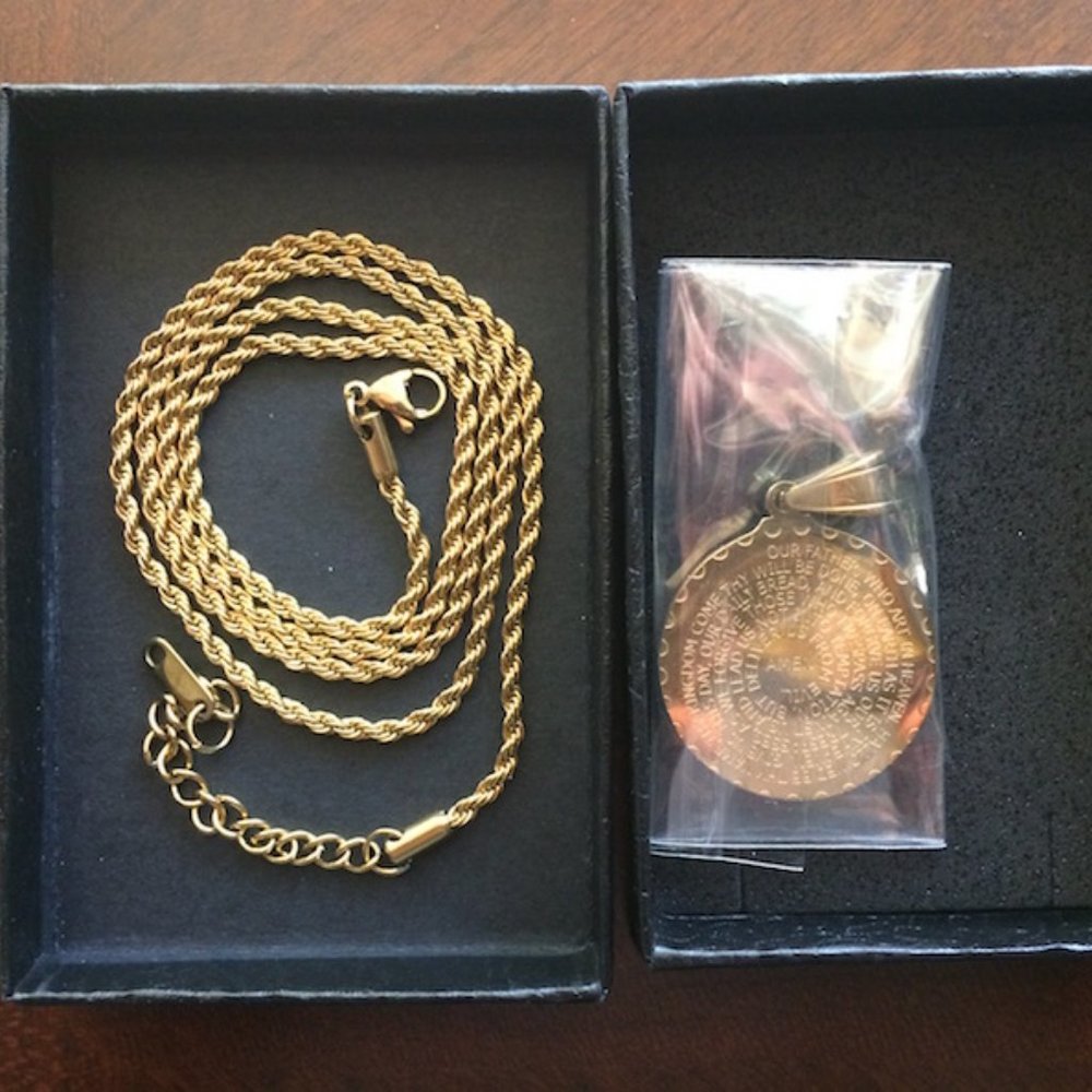 NWT Gold Double Sided Lord's Prayer/Serenity Prayer Necklace with Gift Box